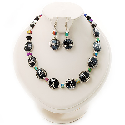 Black Glass & Semiprecious Bead Necklace & Earring Set