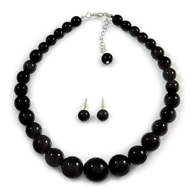 Jet Black Acrylic Bead Choker Necklace And Stud Earring Set In Silver Tone - 34cm L/ 7cm Ext