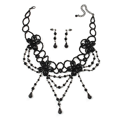 Victorian/ Gothic/ Burlesque Black Bead Choker And Earrings Set