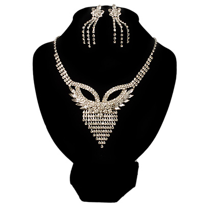 Clear Crystal Modern Appeal Bib Necklace and Earrings Set (Silver Tone) - main view