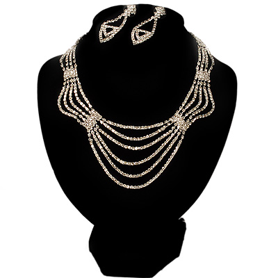 Bridal Diamante Wavy Style Bib Necklace & Drop Earrings Set (Silver Tone)