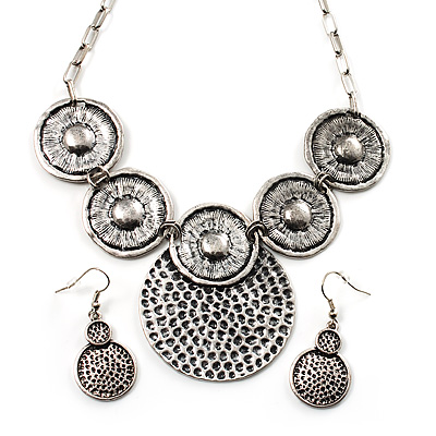 Antique Silver Textured Disc Necklace & Drop Earrings Set