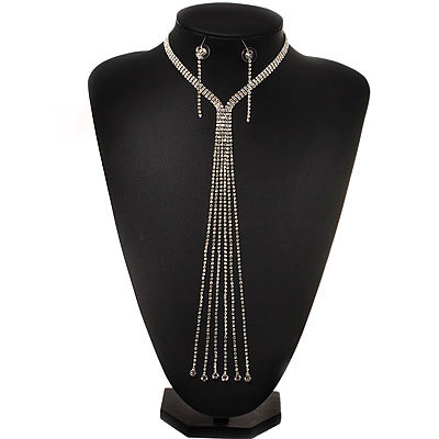 Stunning Party Long Tassel Crystal Necklace & Drop Earrings Set In Silver Plating - 20cm Front Drop