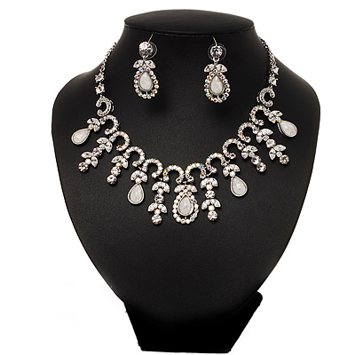 Vintage AB/Clear Crystal Droplet Necklace & Earrings Set In Rhodium Plated Metal