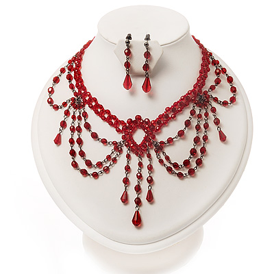 Red Gothic Costume Choker Necklace And Earring Set