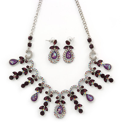 Vintage AB/Purple Crystal Droplet Necklace & Earrings Set In Rhodium Plated Metal