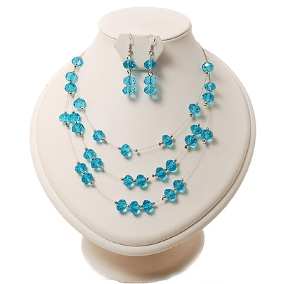 Azure Crystal Floating Bead Necklace & Drop Earring Set - 52cm Length