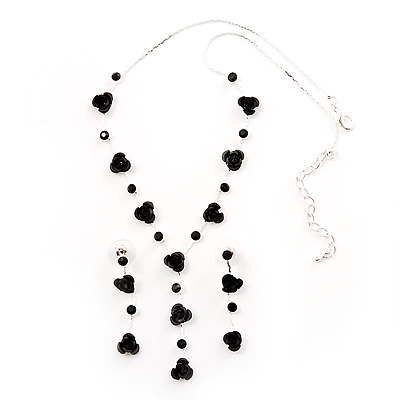 Delicate Y-Shape Black Rose Necklace & Drop Earring Set