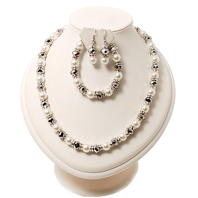 White Imitation Pearl Bead With Diamante Ring Necklace, Bracelet & Earrings Set (Silver Tone Metal)