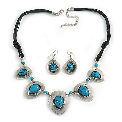 Turquoise Bead Black Cotton Cord Necklace & Drop Earring Set (Burn Silver Finish) - 42cm Length