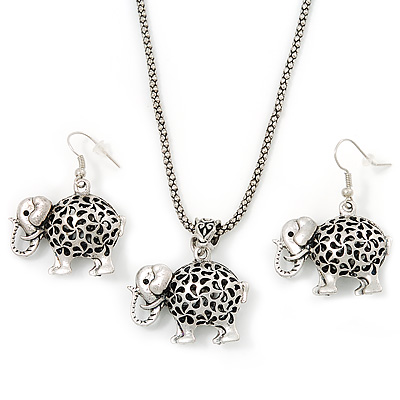 Silver Plated Filigree 'Elephant' Pendant Necklace & Drop Earrings Set - 40cm Length (6cm extender)