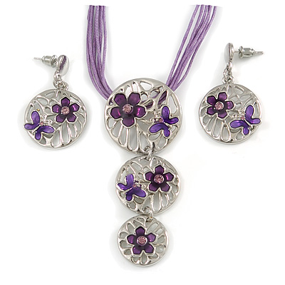 'Triple Circle' Floral Pendant Necklace On Cotton Cord & Drop Earrings Set - 36cm Length (6cm extender)