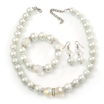 Chunky White Simulated Glass Pearl With Diamante Ring & Clear Crystal Necklace, Bracelet & Earrings Set In Silver Tone Metal - 38cm Length (4cm extens