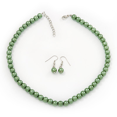 Light Green Glass Bead Necklace & Drop Earring Set In Silver Metal - 38cm Length/ 4cm Extension