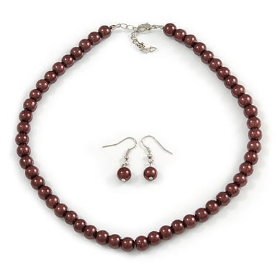 Chocolate Brown Glass Bead Necklace & Drop Earring Set In Silver Metal - 38cm Length/ 4cm Extension - main view