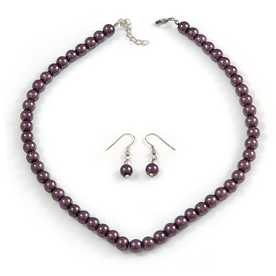 Purple Glass Bead Necklace & Drop Earring Set In Silver Metal - 38cm Length/ 4cm Extension