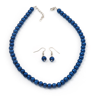 Violet Blue Glass Bead Necklace & Drop Earring Set In Silver Metal - 38cm L/ 4cm Ext