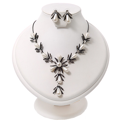 Bridal Y-Shape Light Cream Faux Pearl Diamante Necklace & Stud Earring Set In Black Metal - main view