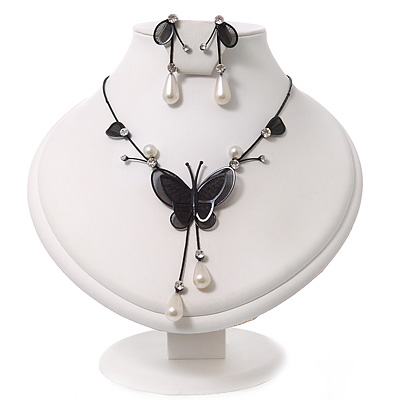 Romantic Faux Pearl 'Butterfly' Necklace & Drop Earrings Set In Black Metal - main view