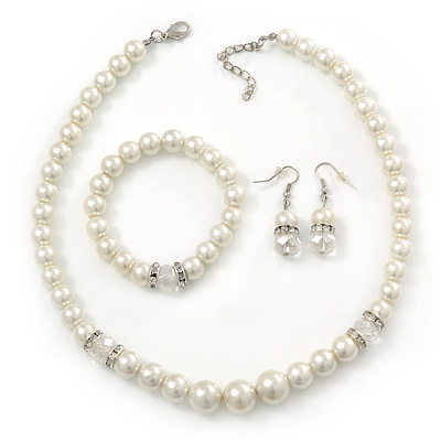 White Simulated Glass Pearl Necklace, Flex Bracelet & Drop Earrings Set With Diamante Rings - 38cm Length - main view