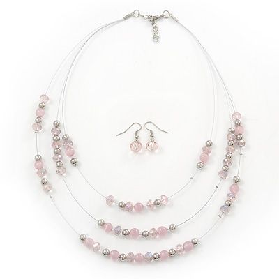 Light Pink/Transparent/Silver Metal Bead Multistrand Floating Necklace & Drop Earrings Set