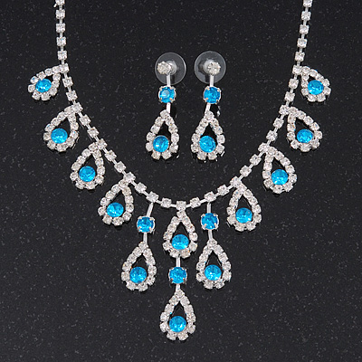 Bridal Teal/Clear Diamante 'Teardrop' Necklace & Earrings Set In Silver Plating - main view