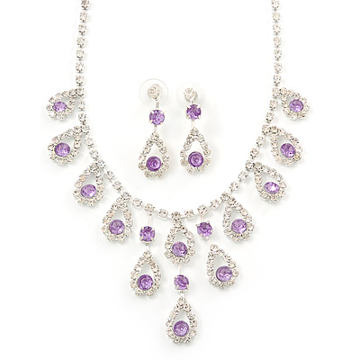 Bridal Purple/Clear Diamante 'Teardrop' Necklace & Earrings Set In Silver Plating - main view