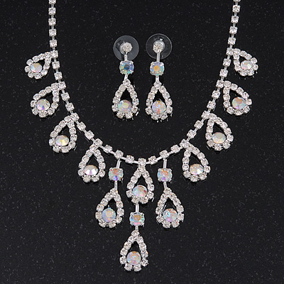 Bridal AB/Clear Diamante 'Teardrop' Necklace & Earrings Set In Silver Plating