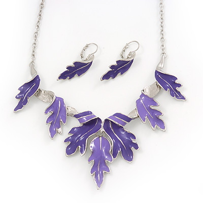 Purple/Violet Blue Enamel 'Leaf' Necklace & Drop Earrings Set In Silver Plating - 40cm Length/ 6cm Extension