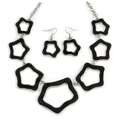 Black Enamel 'Star' Necklace & Drop Earrings Set In Silver Plating - 38cm Length/ 6cm Extension - main view