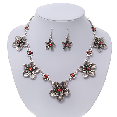 Burn Silver Textured 'Flower' Necklace & Drop Earrings Set With Red Crystals - 40cm Length / 6cm Extension - main view