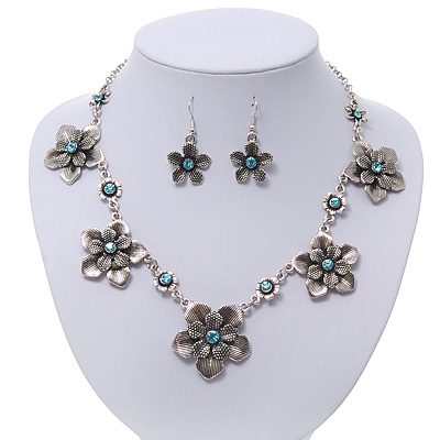 Burn Silver Textured 'Flower' Necklace & Drop Earrings Set With Blue Crystals - 40cm Length / 6cm Extension