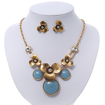 Burn Gold Diamante 'Flower' Necklace With Blue Stones & Stud Earrings Set - 42cm Length/ 6cm Extension - main view