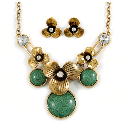 Burn Gold Diamante 'Flower' Necklace With Green Stones & Stud Earrings Set - 42cm Length/ 6cm Extension