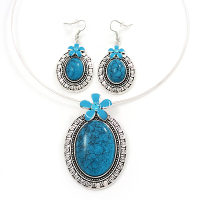 Large Turquoise Oval Medallion Flex Wire Necklace & Earrings Set In Silver Plating - Adjustable - main view