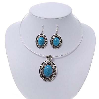 Turquoise Oval Medallion Flex Wire Necklace & Earrings Set In Silver Plating - Adjustable