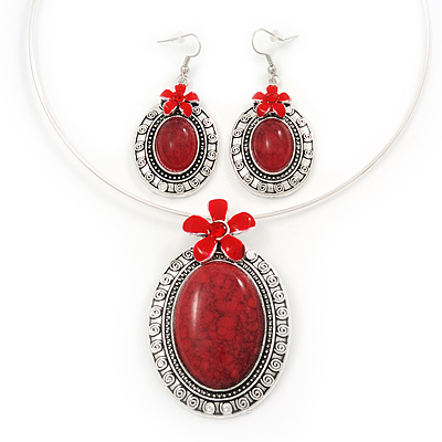 Large Coral Red Oval Medallion Flex Wire Necklace & Earrings Set In Silver Plating - Adjustable