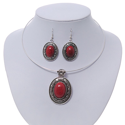 Coral Red Oval Medallion Flex Wire Necklace & Earrings Set In Silver Plating - Adjustable - main view