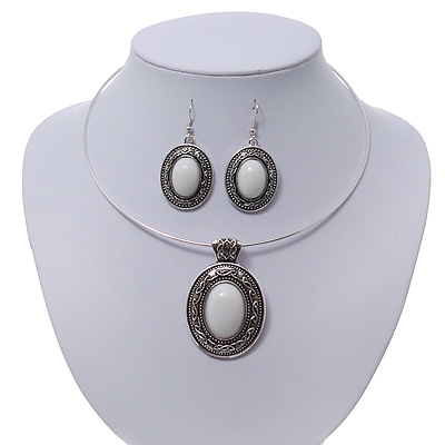 White Oval Medallion Flex Wire Necklace & Earrings Set In Silver Plating - Adjustable