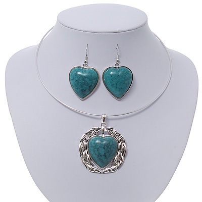 Teal Green 'Heart' Pendant Flex Wire Necklace & Drop Earrings In Silver Plating - Adjustable