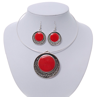 Red Enamel Medallion Flex Wire Necklace & Earrings Set In Silver Plating - Adjustable