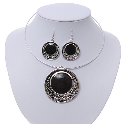 Black Enamel Medallion Flex Wire Necklace & Earrings Set In Silver Plating - Adjustable