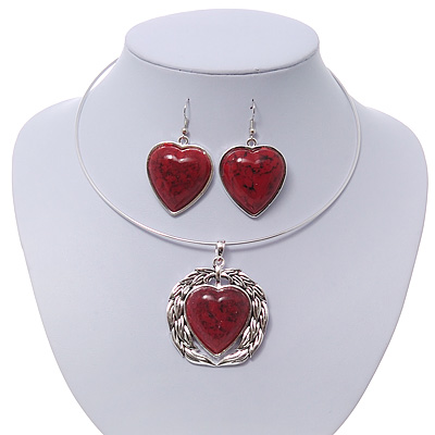 Coral Red 'Heart' Pendant Flex Wire Necklace & Drop Earrings Set In Silver Plating - Adjustable