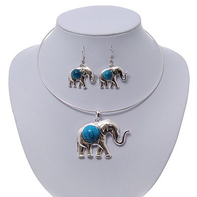 Silver Plated Flex Wire 'Elephant' Pendant Necklace & Drop Earrings Set With Turquoise Stone - Adjustable - main view