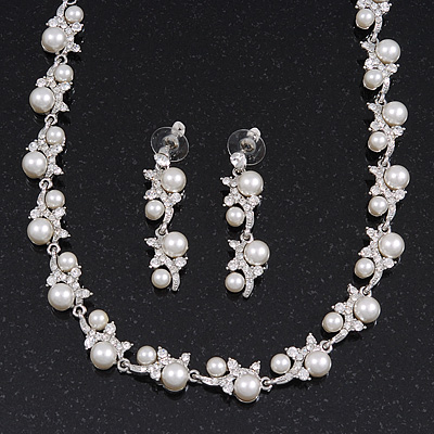 Bridal Simulated Pearl/Crystal Necklace & Drop Earring Set In Silver Metal - 44cm Length/5cm Extension