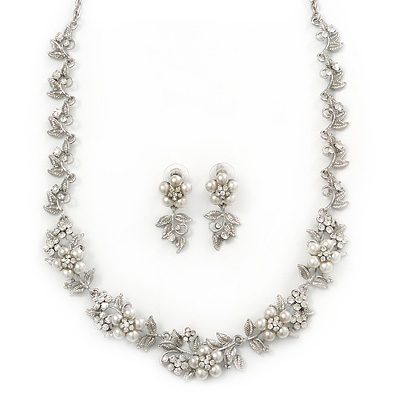 Bridal 'Flower' Simulated Pearl/Crystal Necklace & Drop Earring Set In Silver Metal - 46cm Length/6cm Extension)
