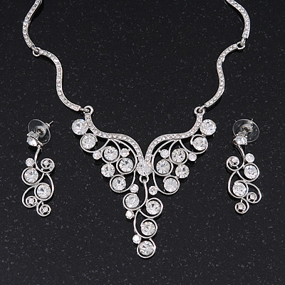Swarovski Crystal Bib Necklace & Drop Earrings Set In Silver Plating - 44cm Length/ 6cm Extension - main view