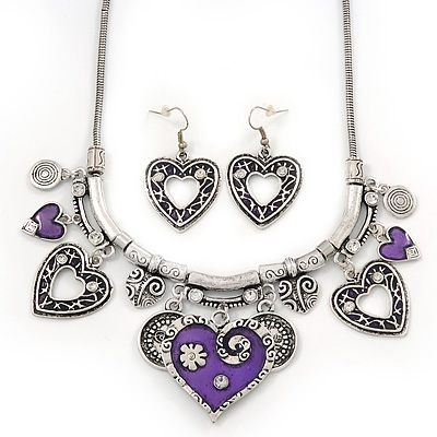 Burn Silver Hammered Charm 'Purple Heart' Necklace & Drop Earrings Set - 38cm Length/6cm Extension