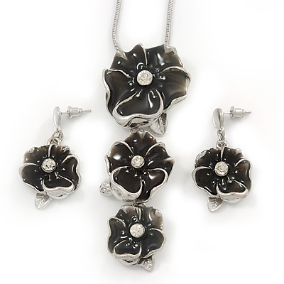 'Triple Flower' Dark Grey Enamel Diamante Necklace & Drop Earrings Set In Rhodium Plated Metal - 38cm Length (6cm extender) - main view