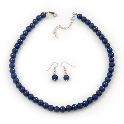 Violet Blue Glass Bead Necklace & Drop Earring Set In Silver Metal - 38cm Length/ 4cm Extension